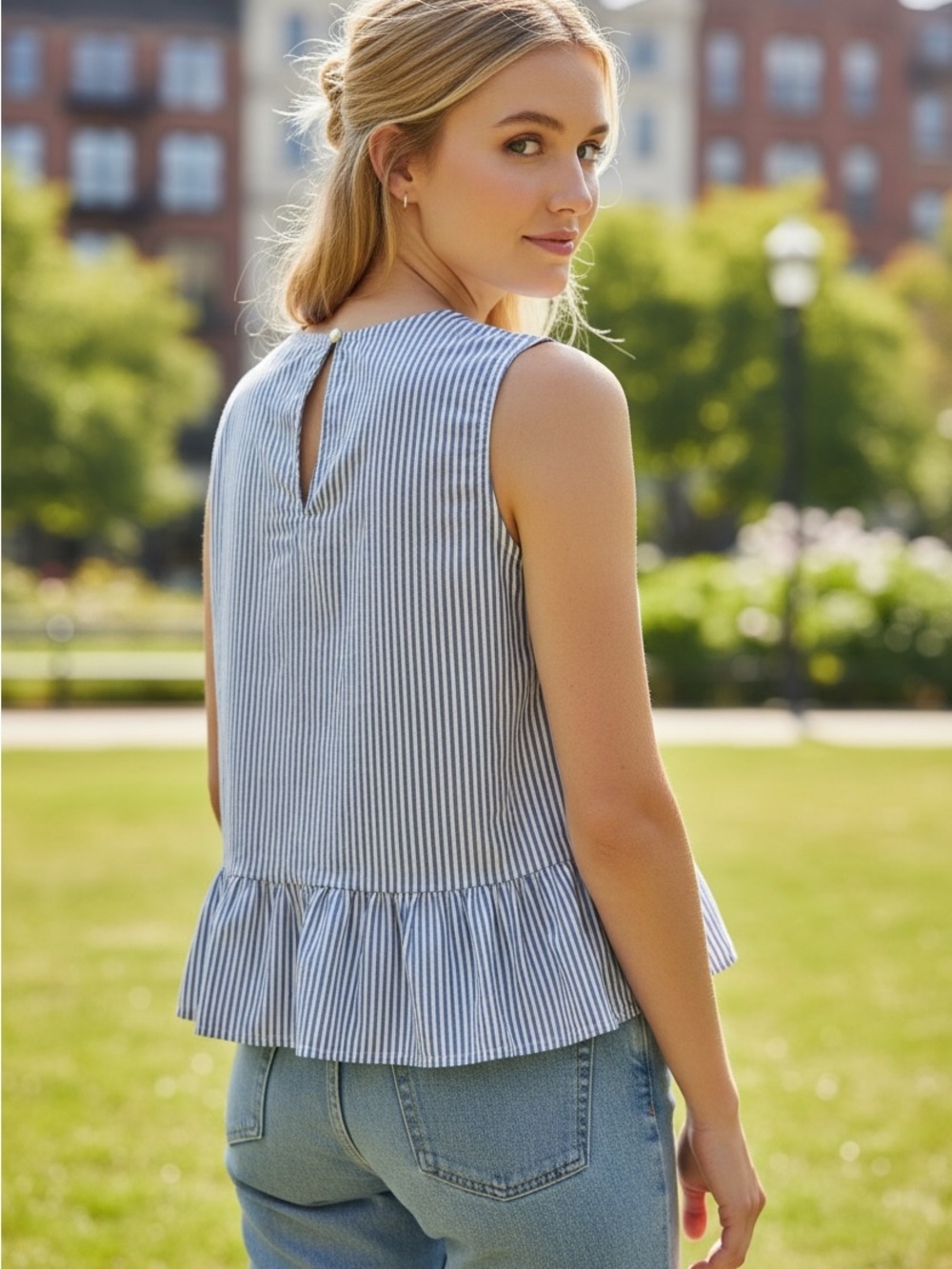 Sleeveless Blue Striped Ruffle-Hem Blouse